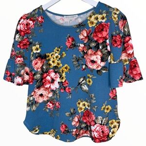 GREEN ENVELOPE LA Floral Blouse With Crop Flutter Detail Sleeves Blue Size Small